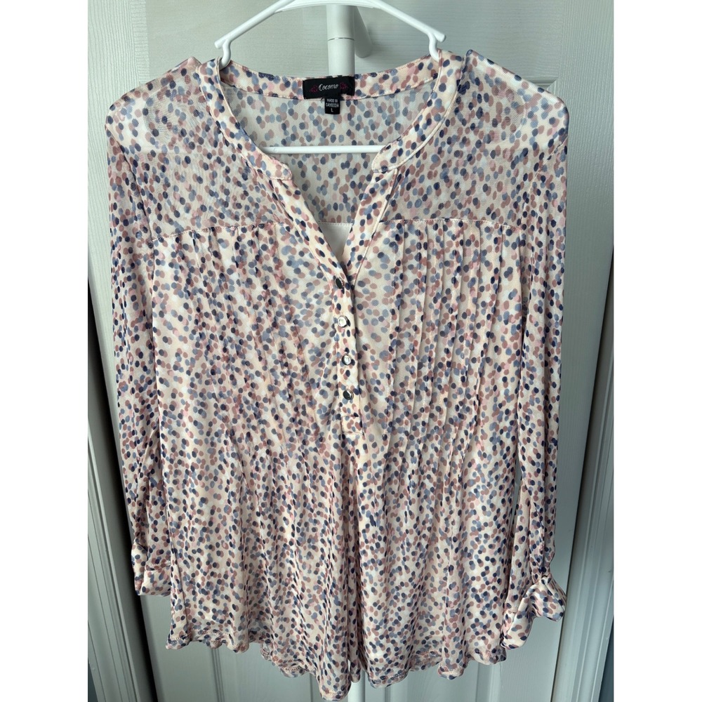 Cocomo Womens Pink Blue Polka Dot Mesh Pleated Henley Blouse Top Large L